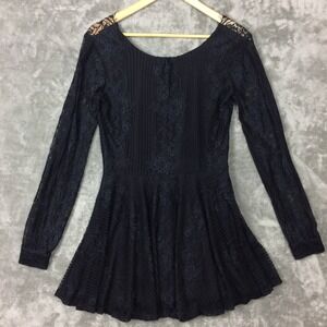 For Love & Lemons Lace Mini Dress Womens M Black Open Back Long Sleeve Floral